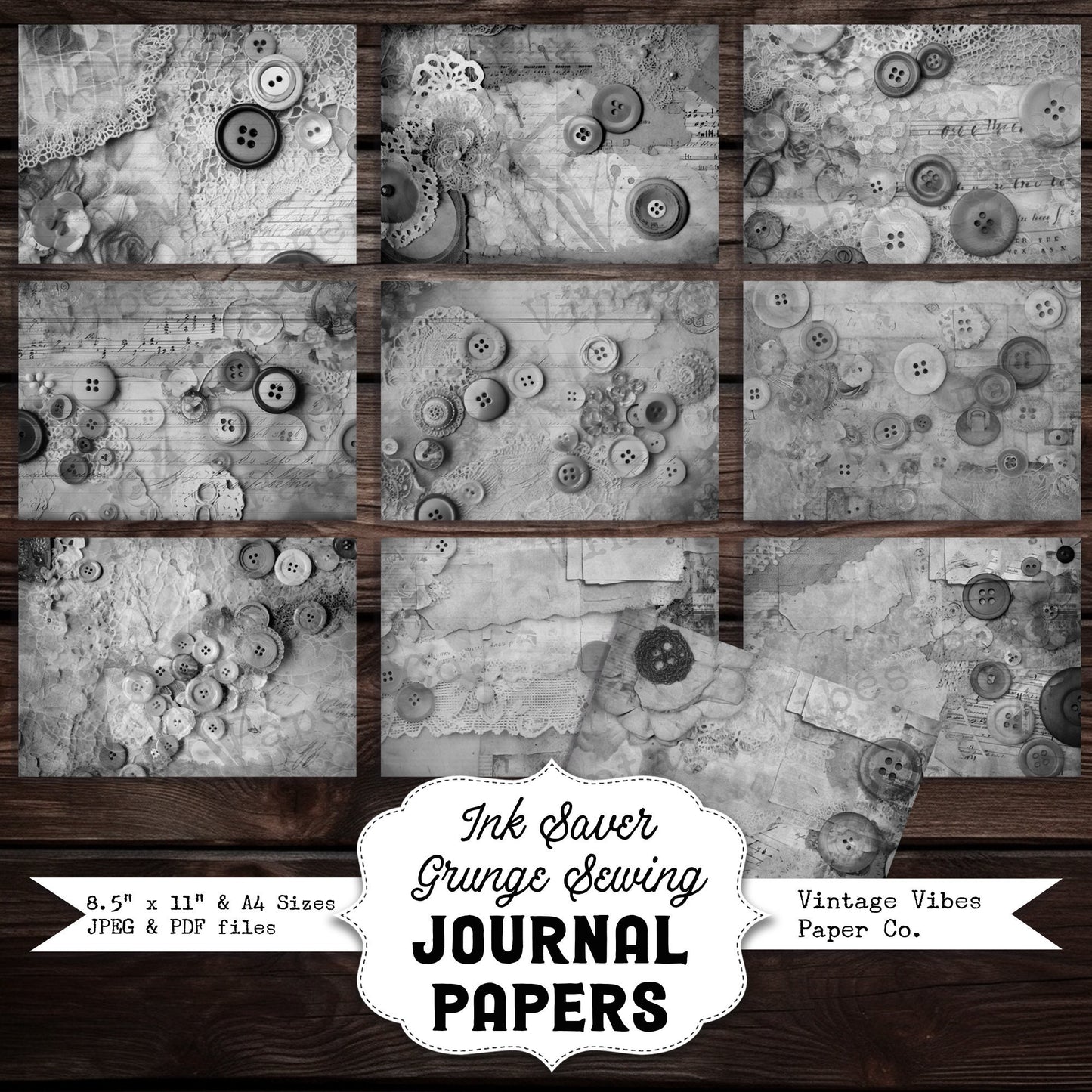 Black & white grunge sewing junk journal printable papers, ink saver pages, monotone grungy collage background papers, scrapbooking