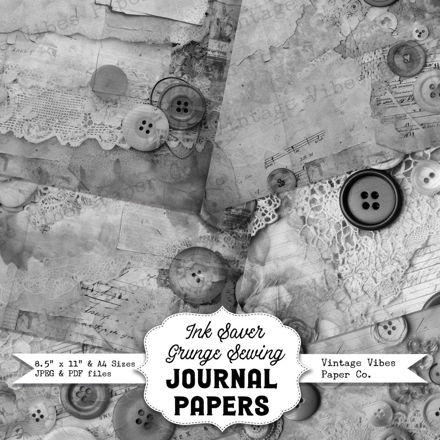 Black & white grunge sewing junk journal printable papers, ink saver pages, monotone grungy collage background papers, scrapbooking