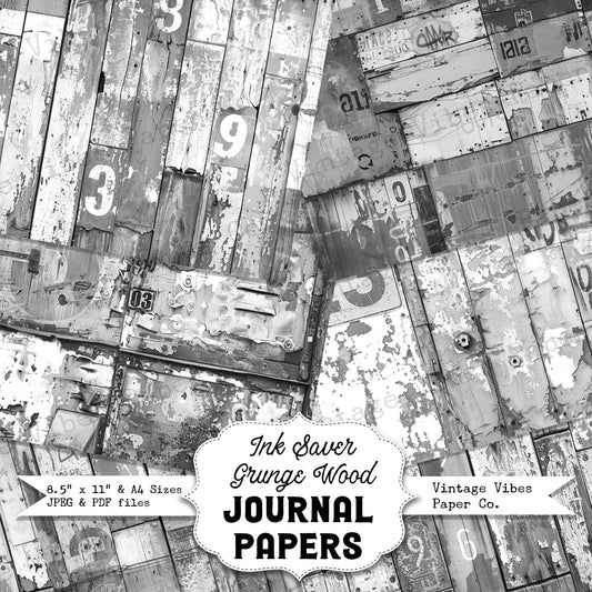 Black & white ink saver grunge wood junk journal printable papers, ink saver pages, monotone grungy collage background papers, scrapbooking