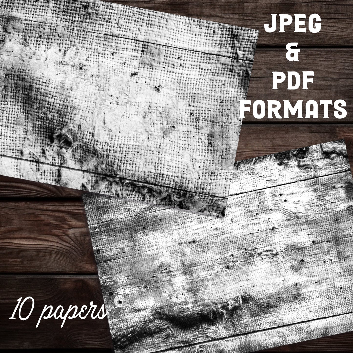 Black & white grunge fabric junk journal printable papers, ink saver pages, monotone grungy collage background papers, scrapbooking