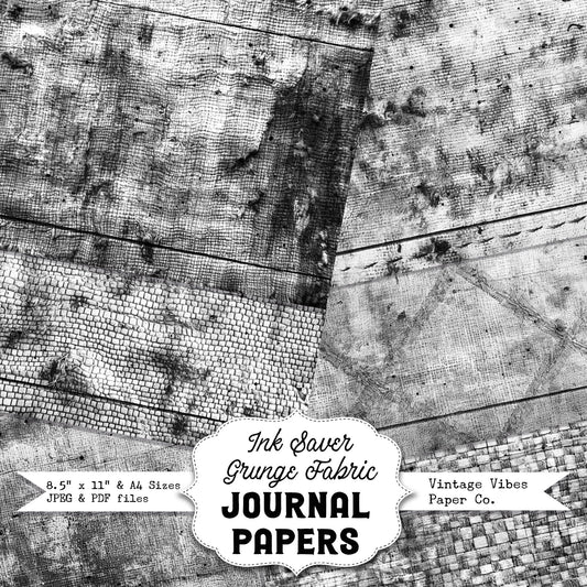 Black & white grunge fabric junk journal printable papers, ink saver pages, monotone grungy collage background papers, scrapbooking