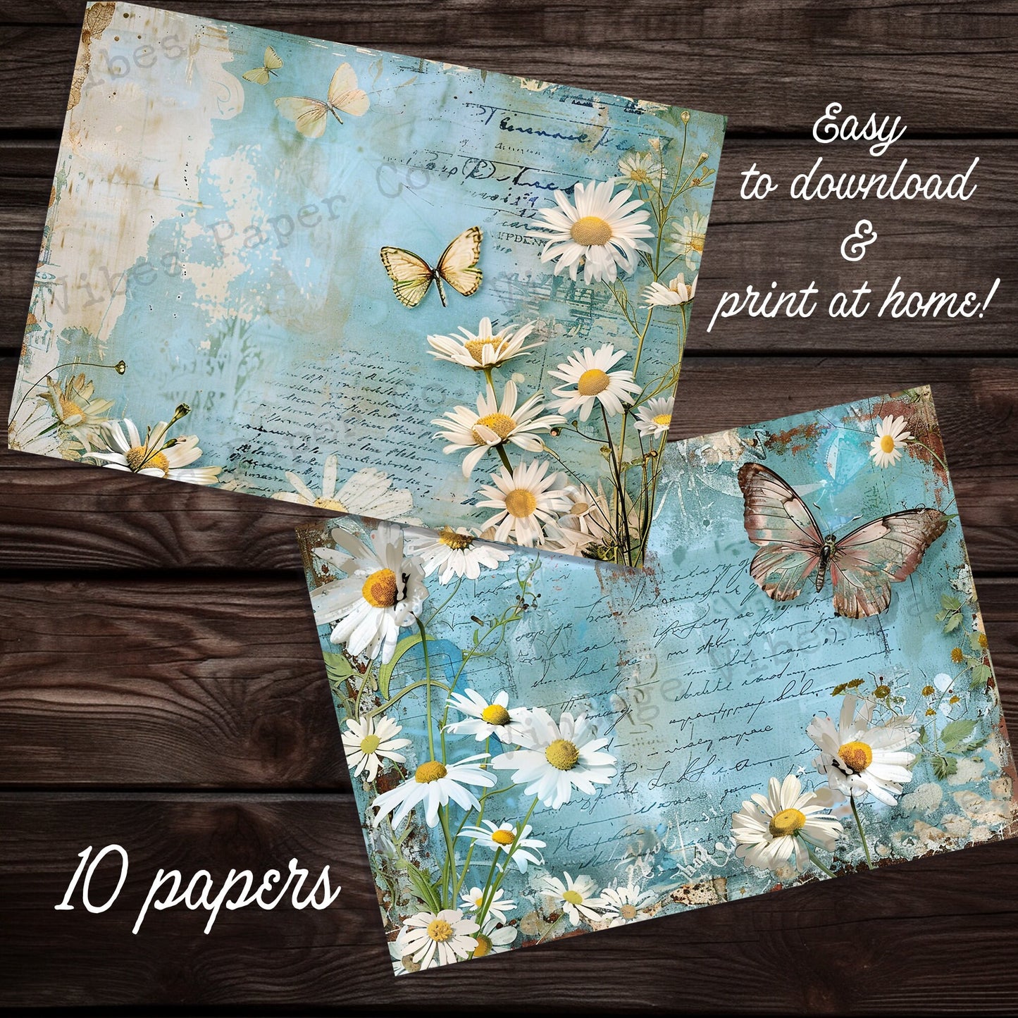 Blue Vintage Daisy Junk journal digital printable papers, instant download grunge style blue floral themed journal pages, 10 page kit PDF