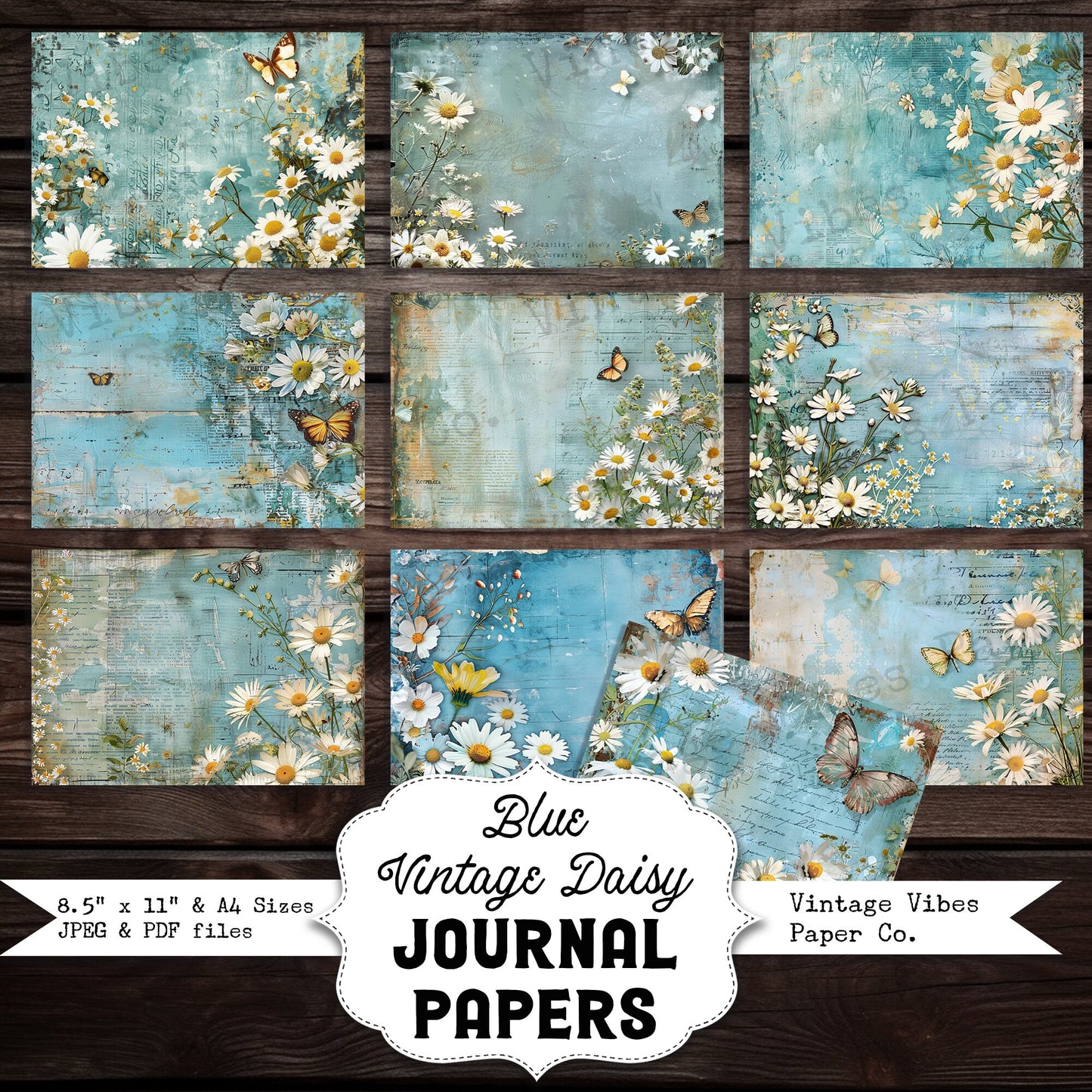 Blue Vintage Daisy Junk journal digital printable papers, instant download grunge style blue floral themed journal pages, 10 page kit PDF