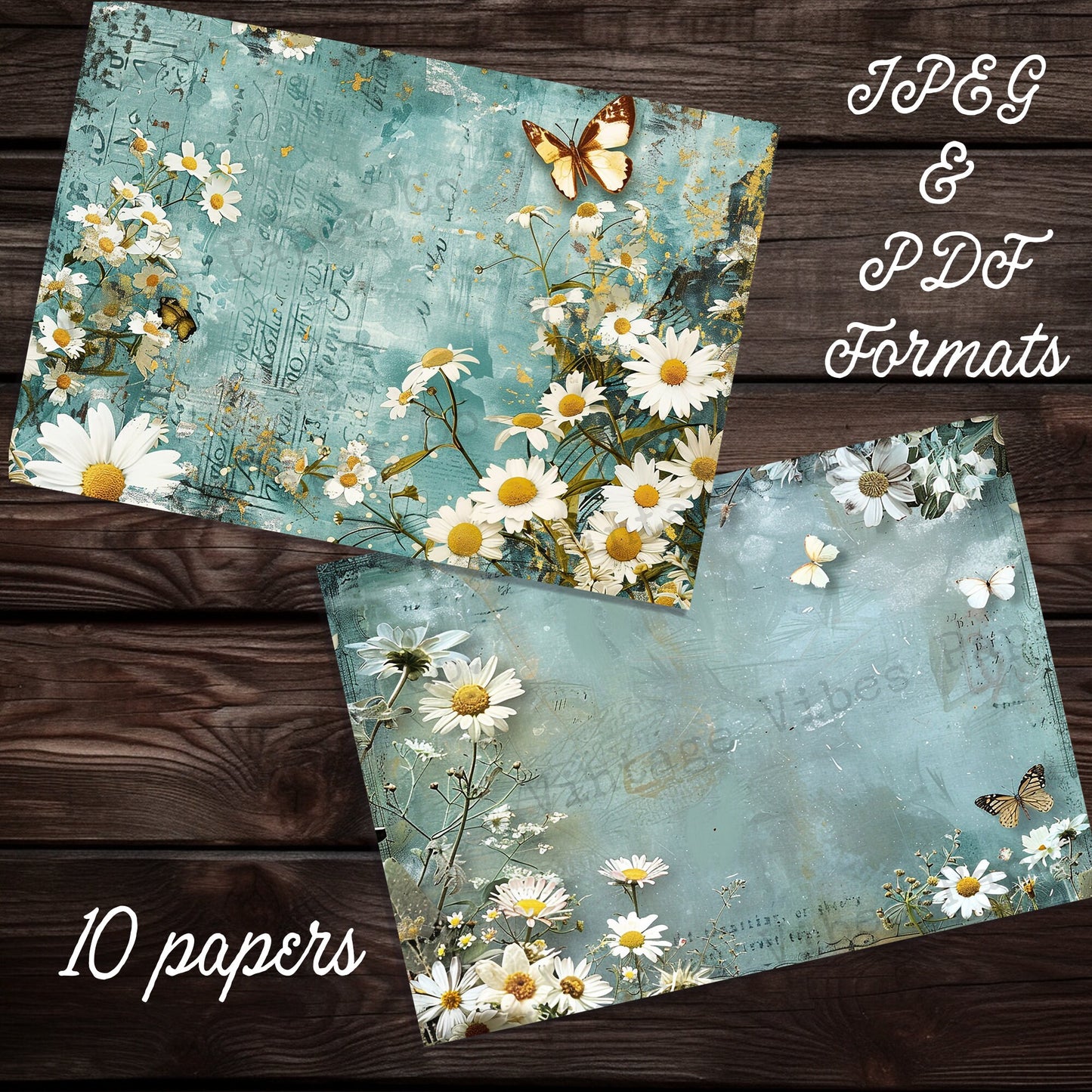 Blue Vintage Daisy Junk journal digital printable papers, instant download grunge style blue floral themed journal pages, 10 page kit PDF