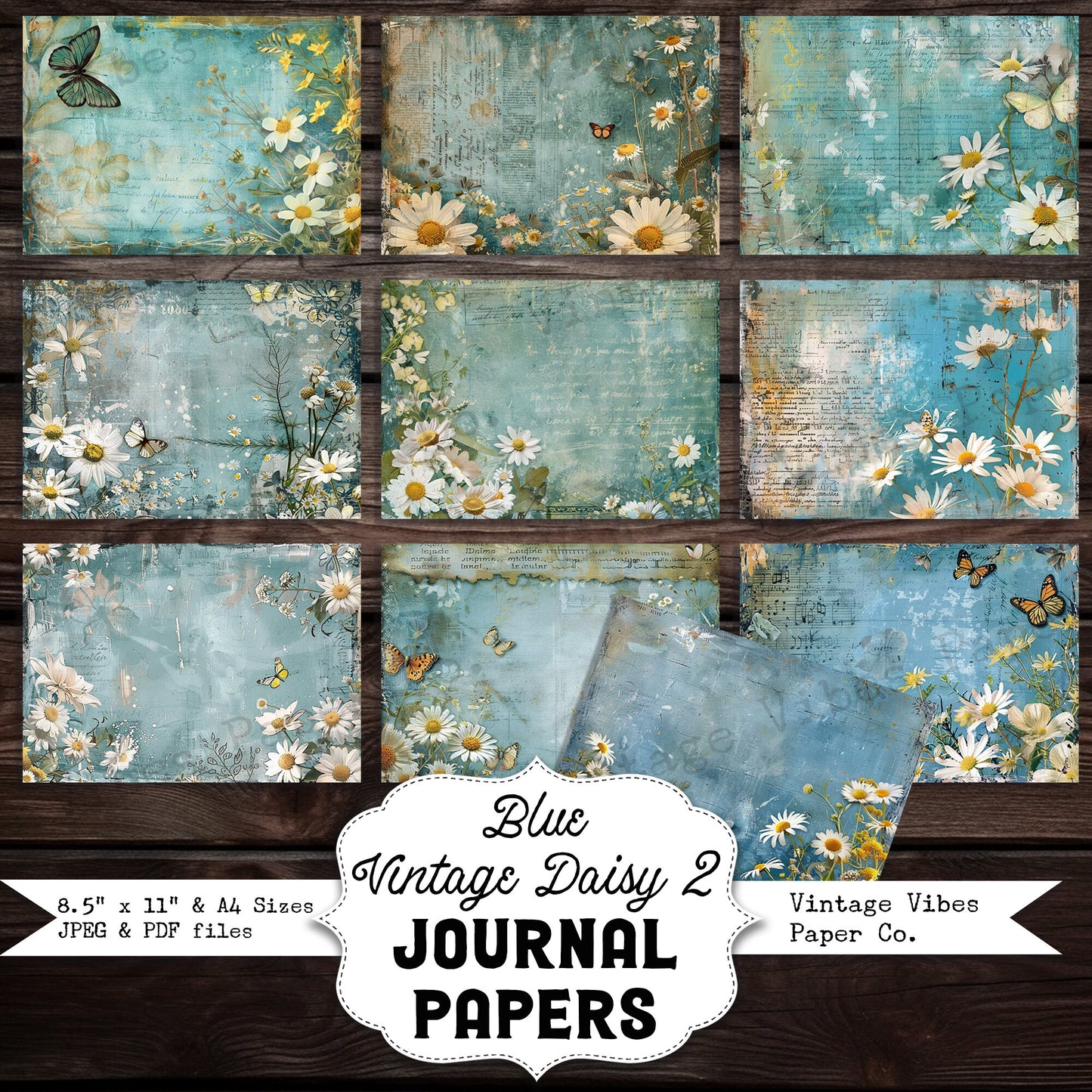 Blue Vintage Daisy 2 Junk journal digital printable papers, instant download grunge style blue floral themed journal pages, 10 page kit PDF