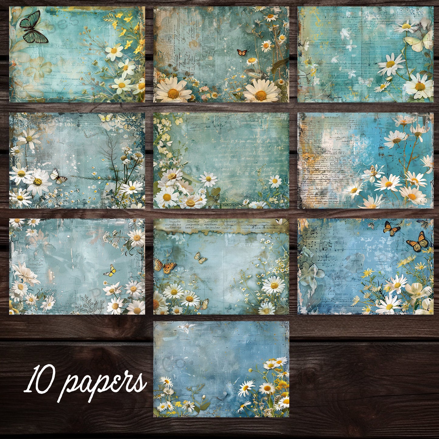 Blue Vintage Daisy 2 Junk journal digital printable papers, instant download grunge style blue floral themed journal pages, 10 page kit PDF