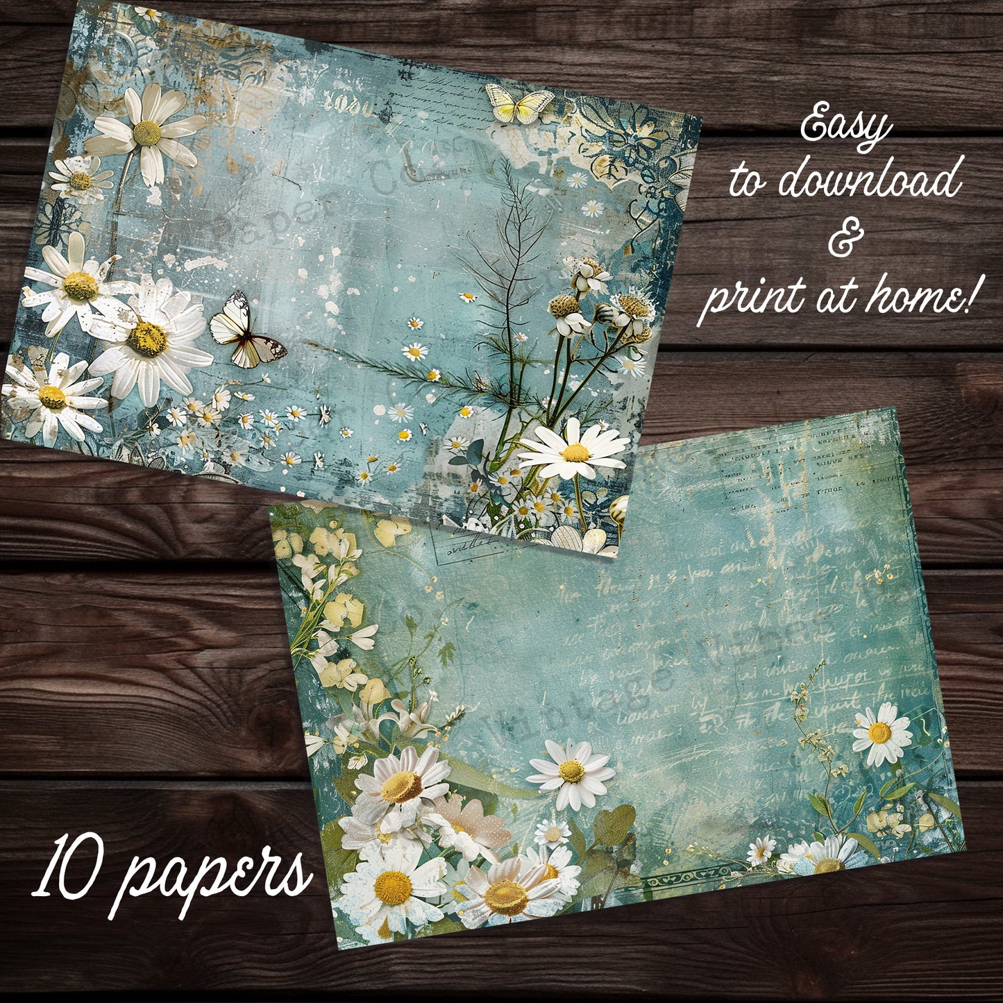 Blue Vintage Daisy 2 Junk journal digital printable papers, instant download grunge style blue floral themed journal pages, 10 page kit PDF