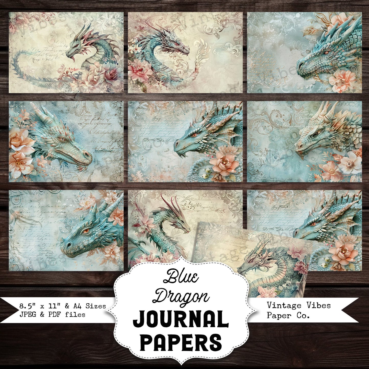 Vintage style dragon junk journal papers, instant download printable paper pack, blue and peach dragons, shabby vintage fantasy junk journal