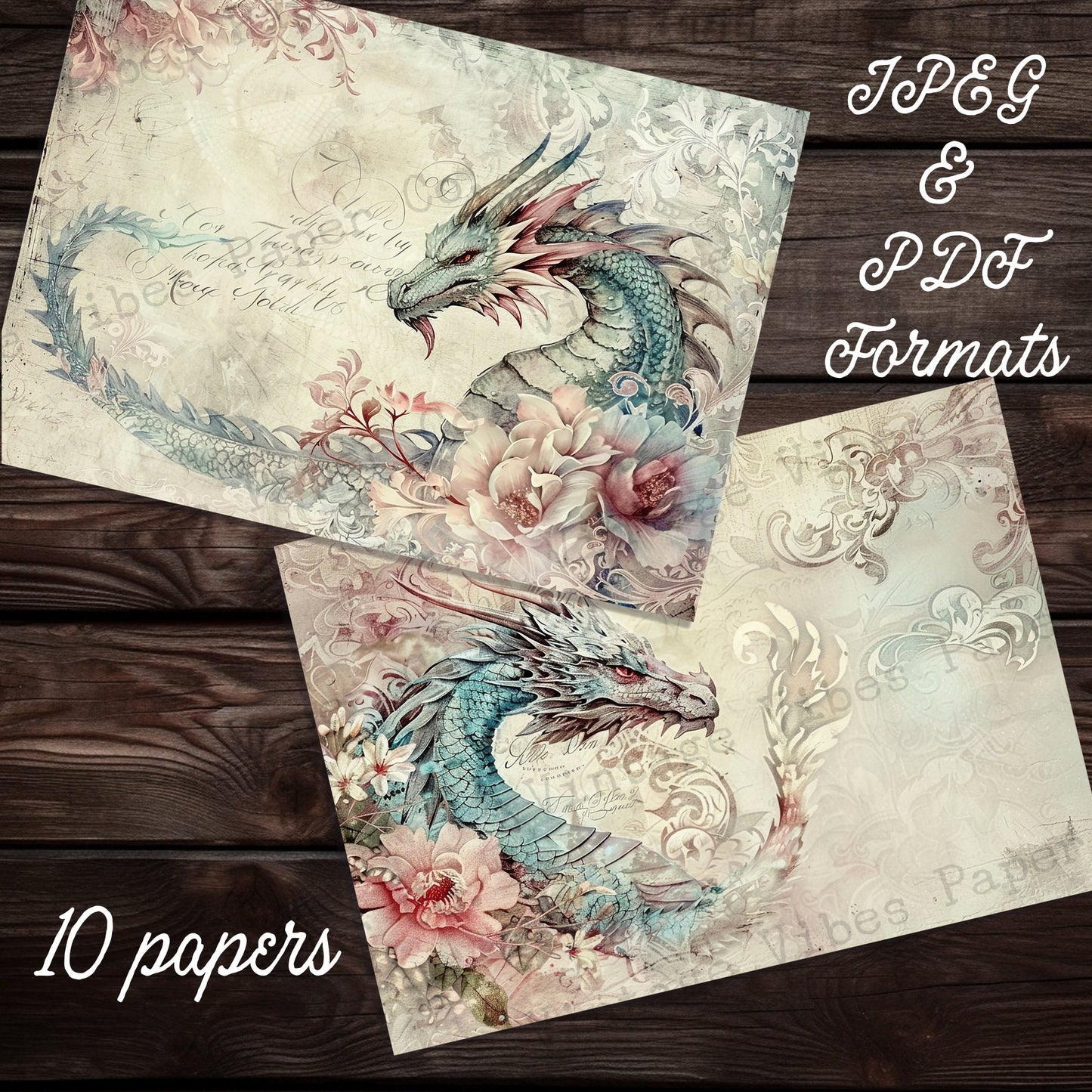 Vintage style dragon junk journal papers, instant download printable paper pack, blue and peach dragons, shabby vintage fantasy junk journal