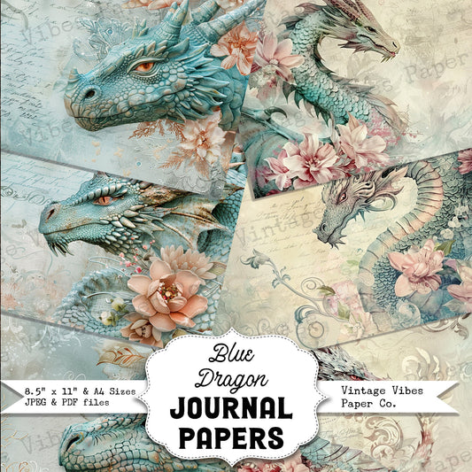 Vintage style dragon junk journal papers, instant download printable paper pack, blue and peach dragons, shabby vintage fantasy junk journal