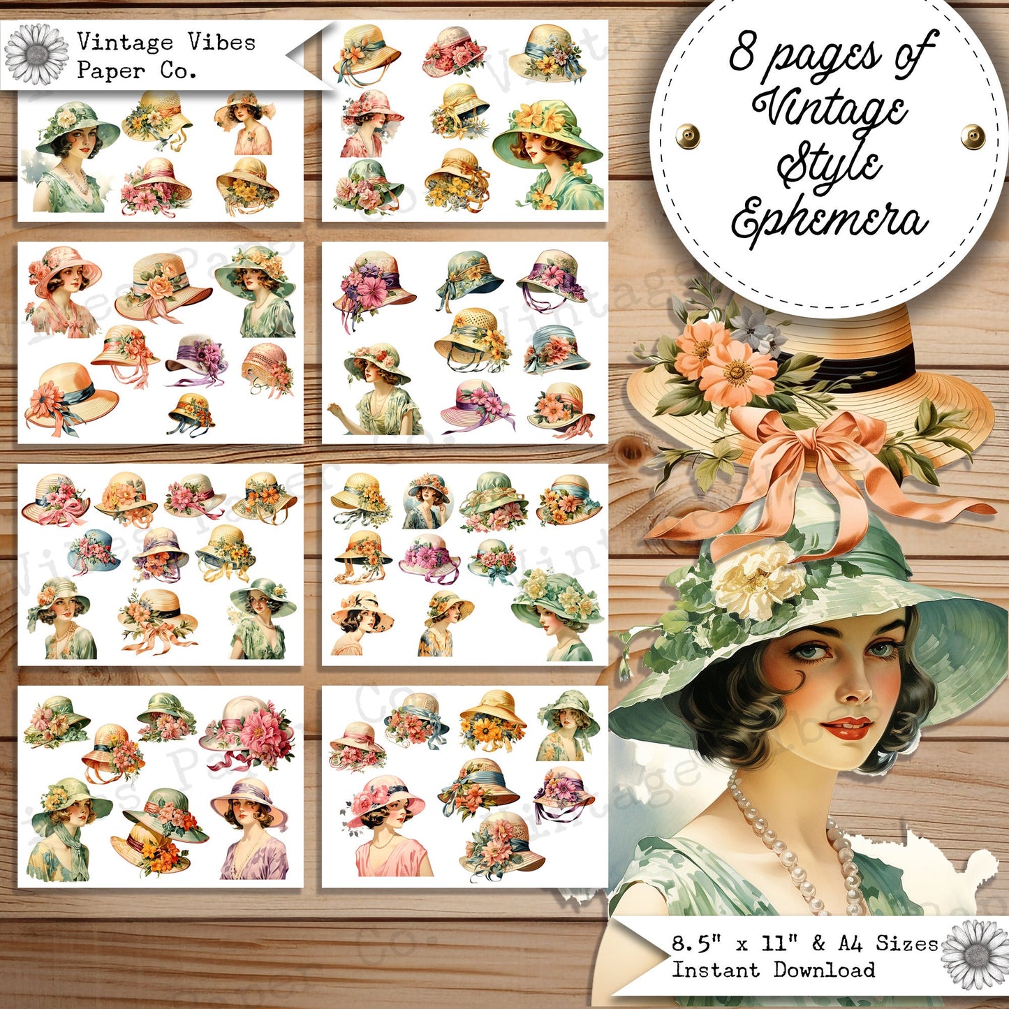 Junk Journal fussy cut ephemera vintage Hats, floral fashion hats 1920's style, collage ephemera cut outs vintage printable journal ephemera