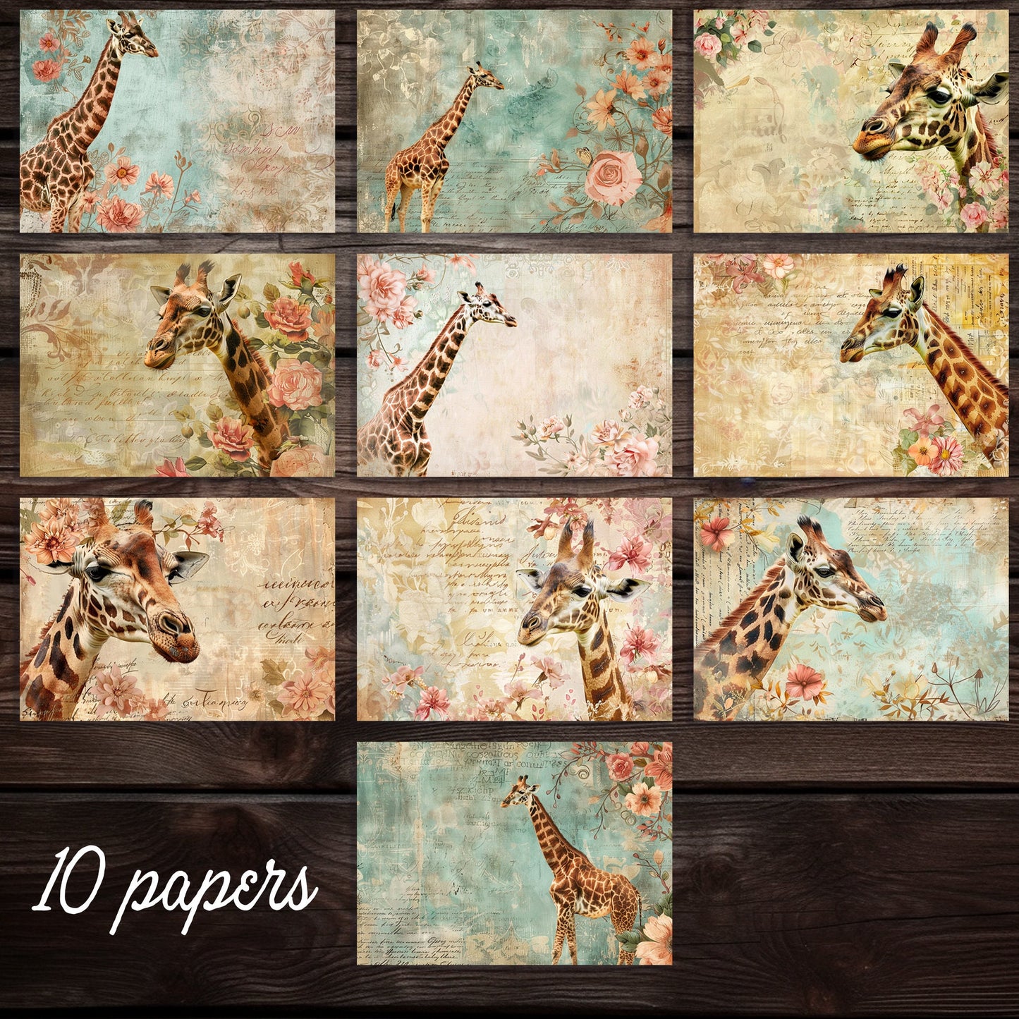 Vintage Giraffe print junk journal paper kit, 10 page digital download printable scrapbooking and junk journal pages, animal junk journal