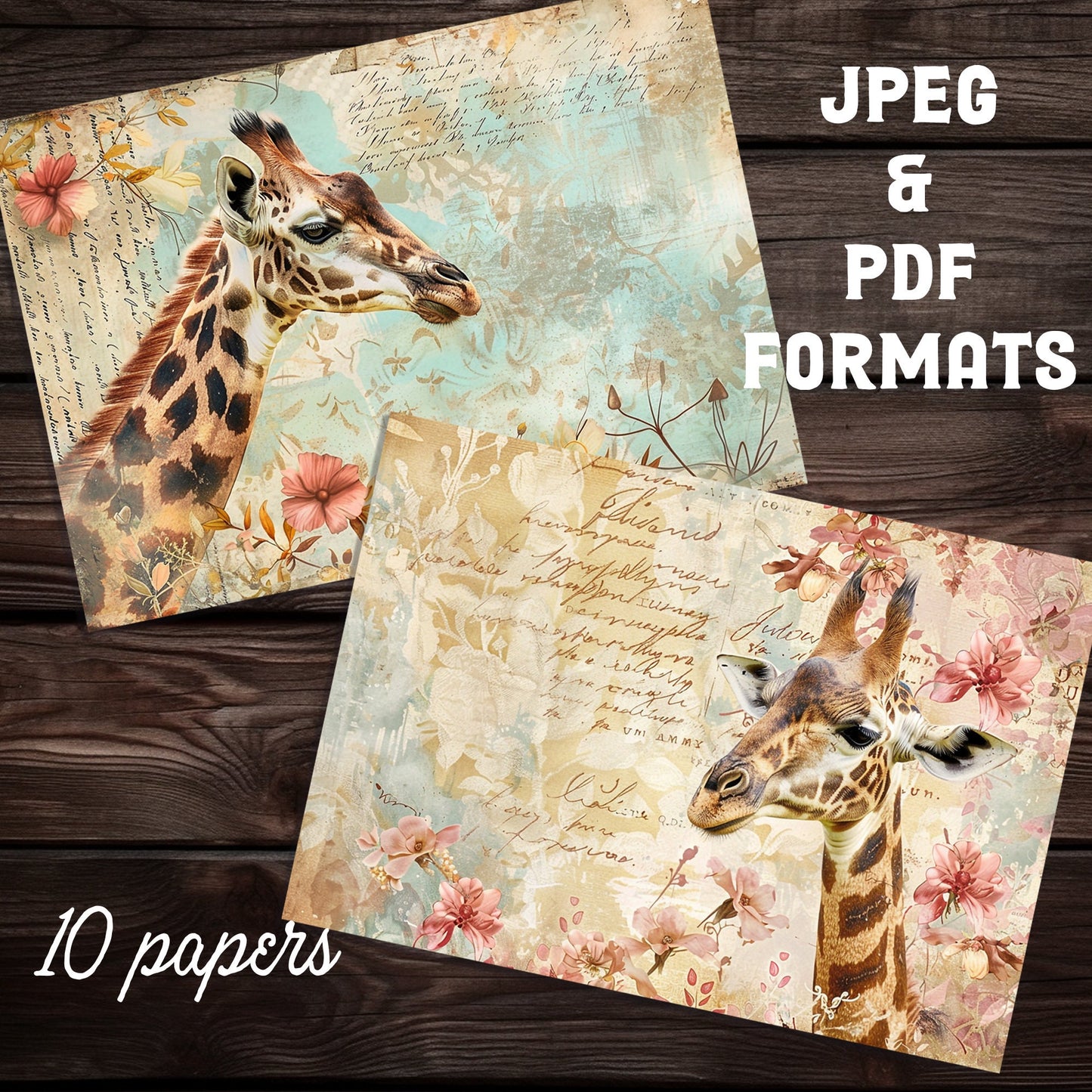 Vintage Giraffe print junk journal paper kit, 10 page digital download printable scrapbooking and junk journal pages, animal junk journal