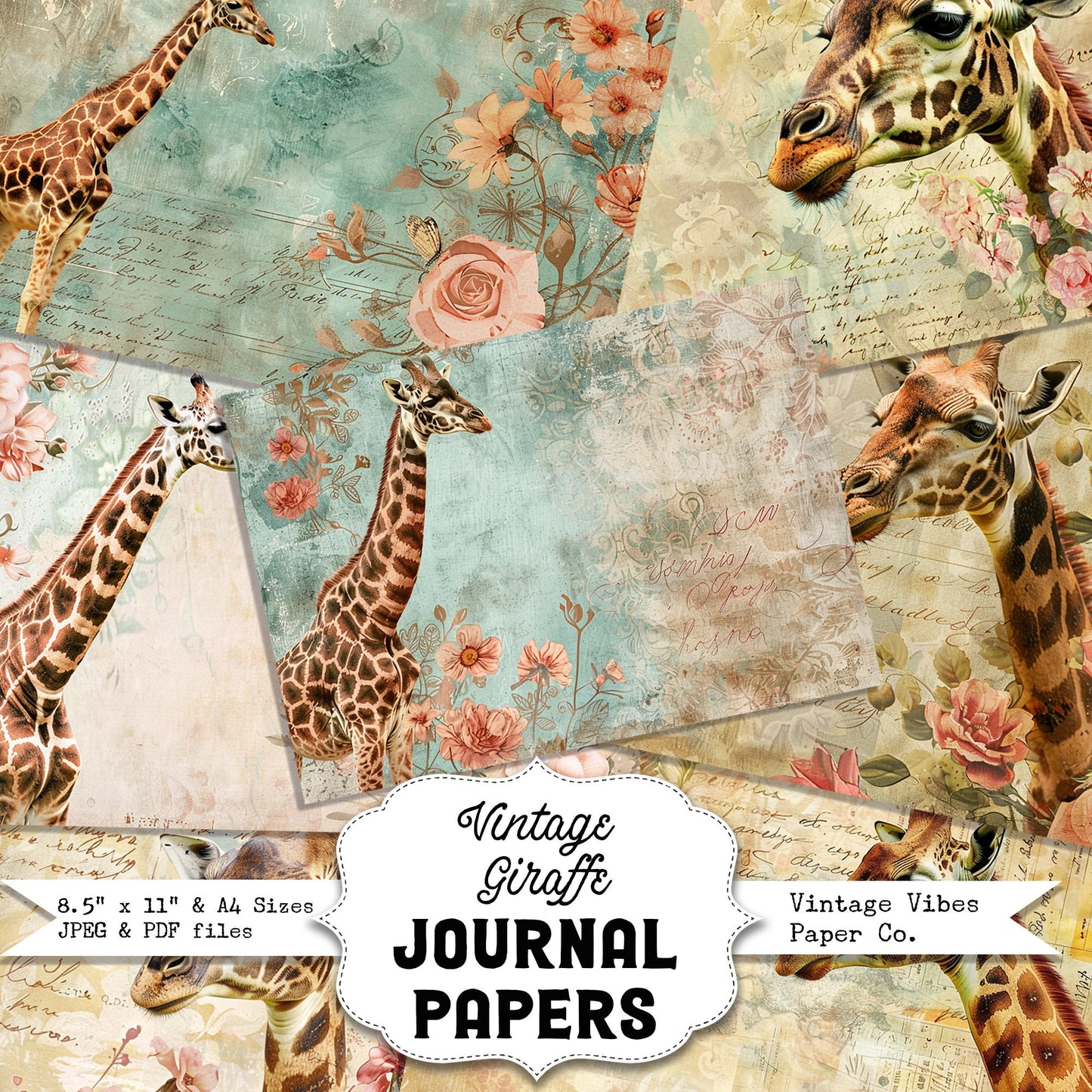 Vintage Giraffe print junk journal paper kit, 10 page digital download printable scrapbooking and junk journal pages, animal junk journal