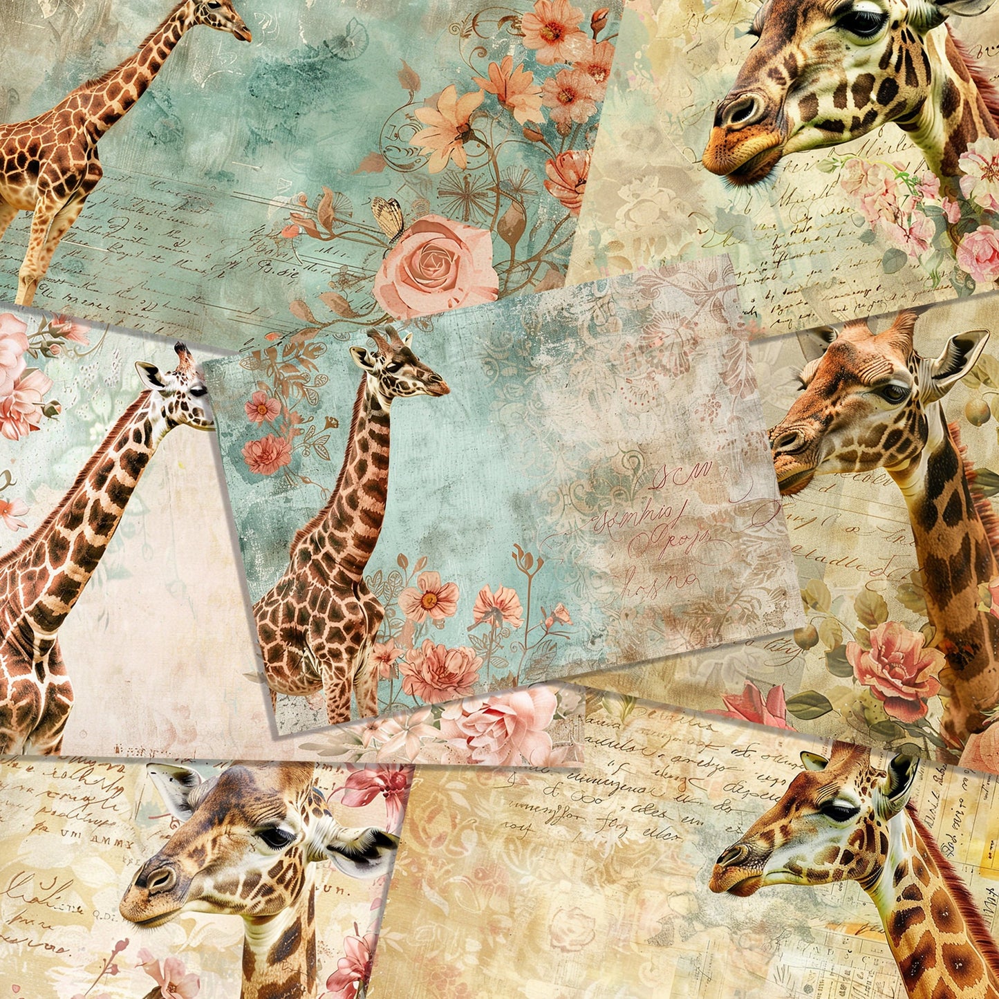 Vintage Giraffe print junk journal paper kit, 10 page digital download printable scrapbooking and junk journal pages, animal junk journal