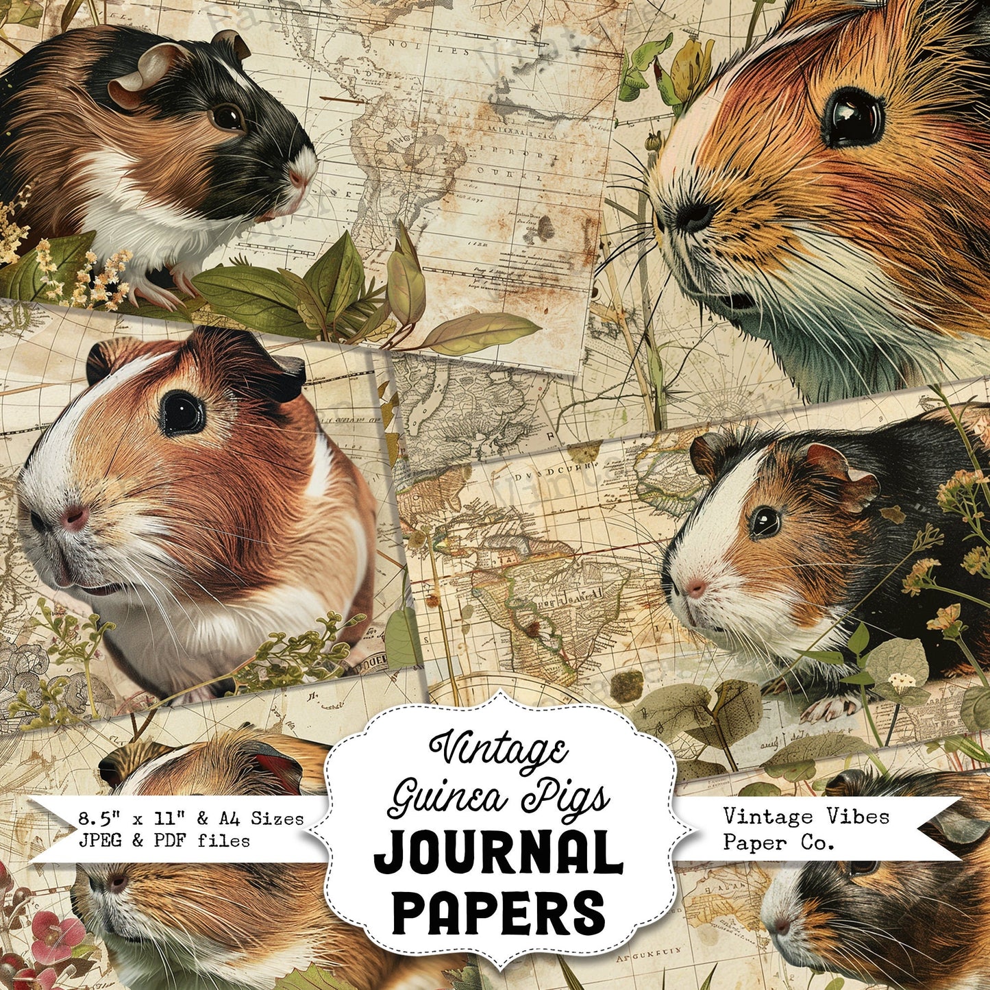 Junk journal Vintage Guinea Pigs printable scrapbook papers, digital junk journal kit, fall floral pet theme papers ideal for animal journal