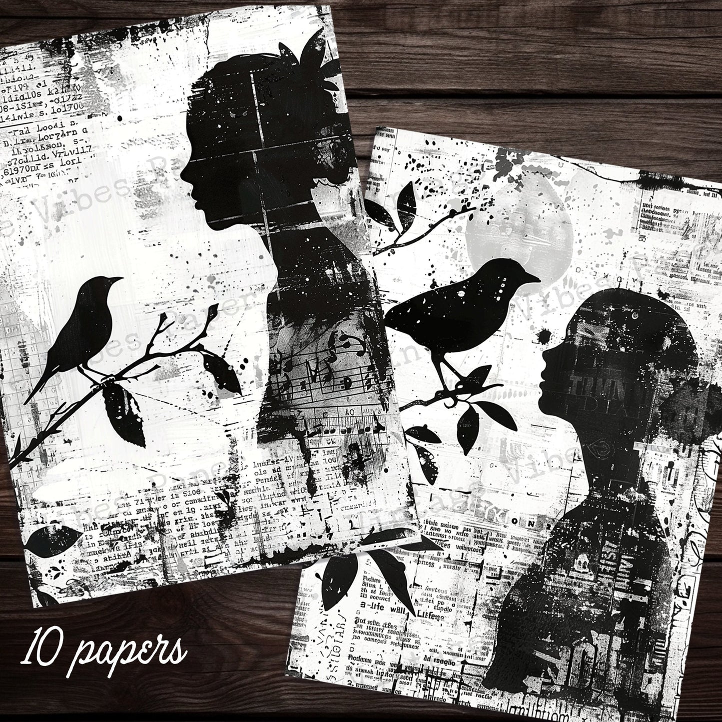 Black & white ink saver grunge Silhouette junk journal printable papers, ink saver pages, monotone grungy collage background papers