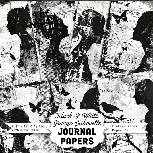 Black & white ink saver grunge Silhouette junk journal printable papers, ink saver pages, monotone grungy collage background papers