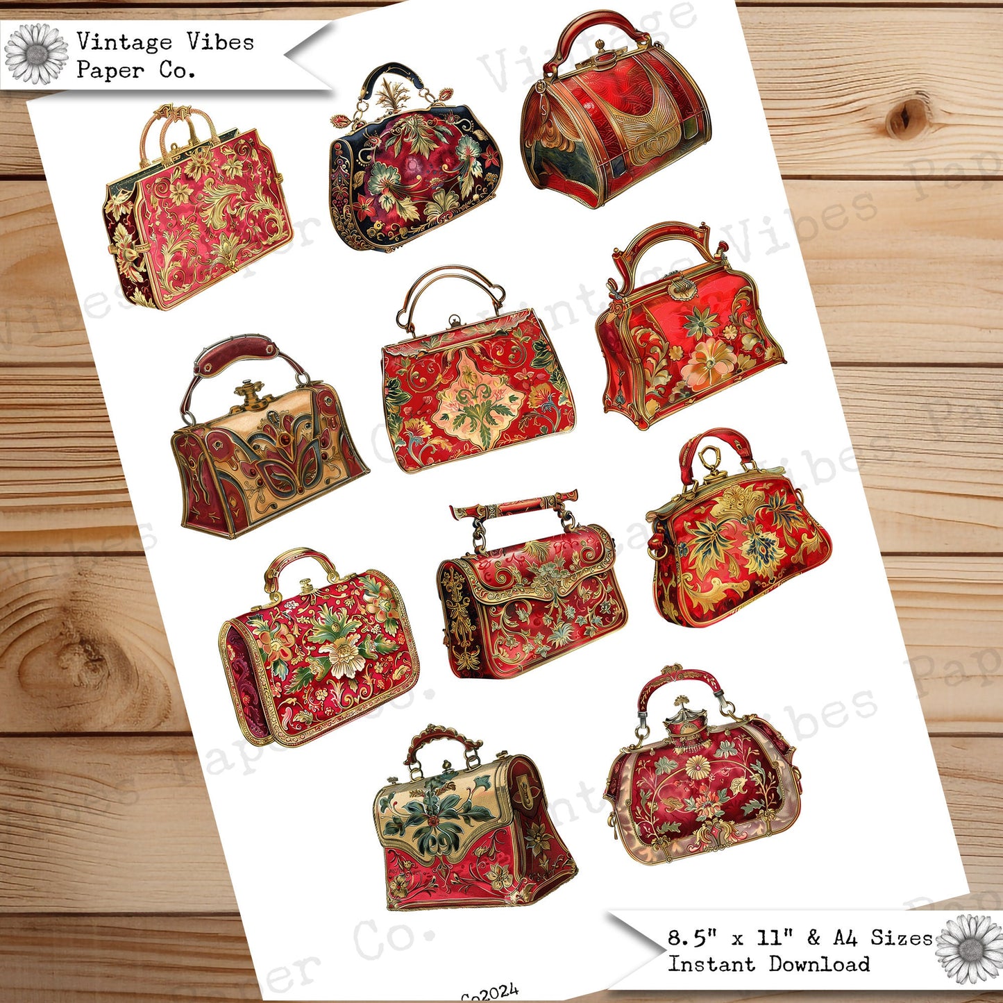 Junk Journal fussy cut ephemera vintage Red Vintage Purse handbags, collage ephemera cut outs vintage fashion printable journal ephemera