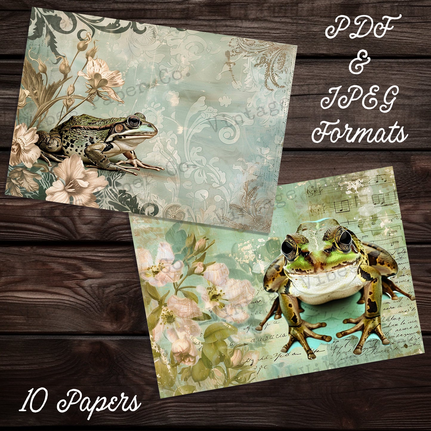 Junk journal Vintage Frogs printable scrapbook papers, digital junk journal kit, fall floral green vintage theme papers for animal journal