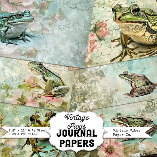 Junk journal Vintage Frogs printable scrapbook papers, digital junk journal kit, fall floral green vintage theme papers for animal journal