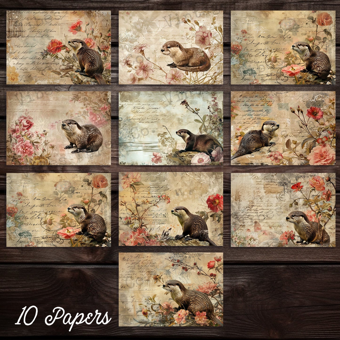 Junk journal Vintage Otter printable scrapbook papers, digital junk journal kit, soft floral neutral vintage theme papers for animal journal