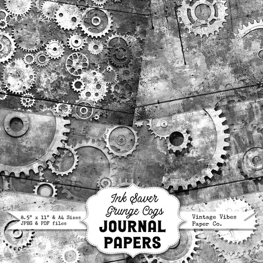 Black & white steampunk grunge cogs junk journal printable papers, ink saver pages, monotone grungy collage background papers, scrapbooking