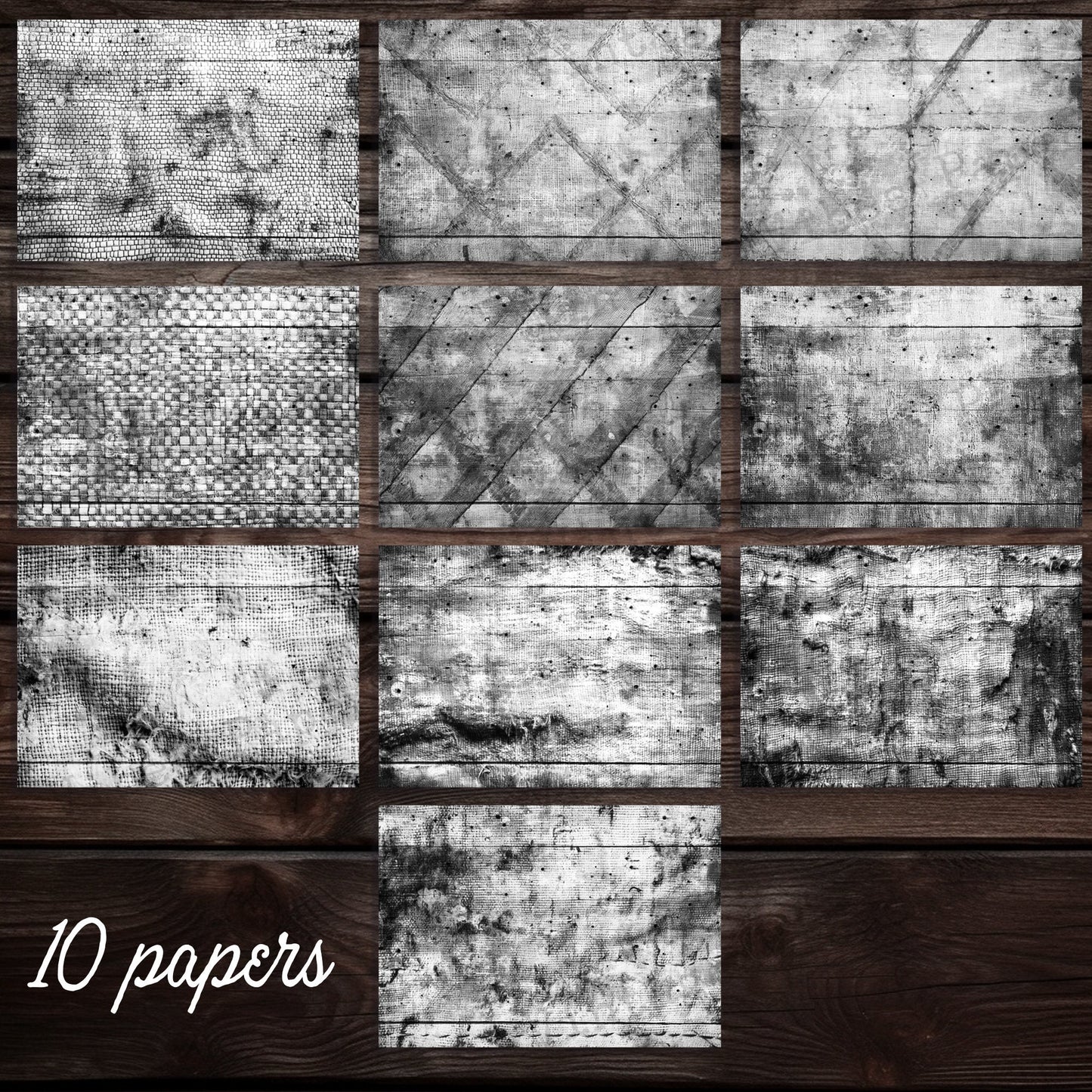 Black & white grunge fabric junk journal printable papers, ink saver pages, monotone grungy collage background papers, scrapbooking