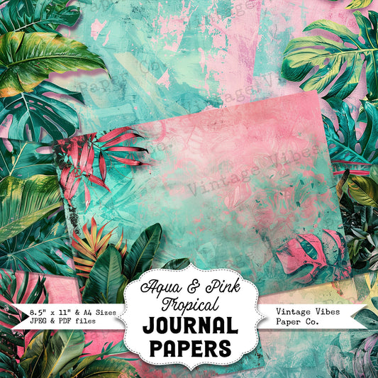 Aqua and Pink tropical junk journal papers, instant download digital printable papers for art journaling, junk journals & crafts