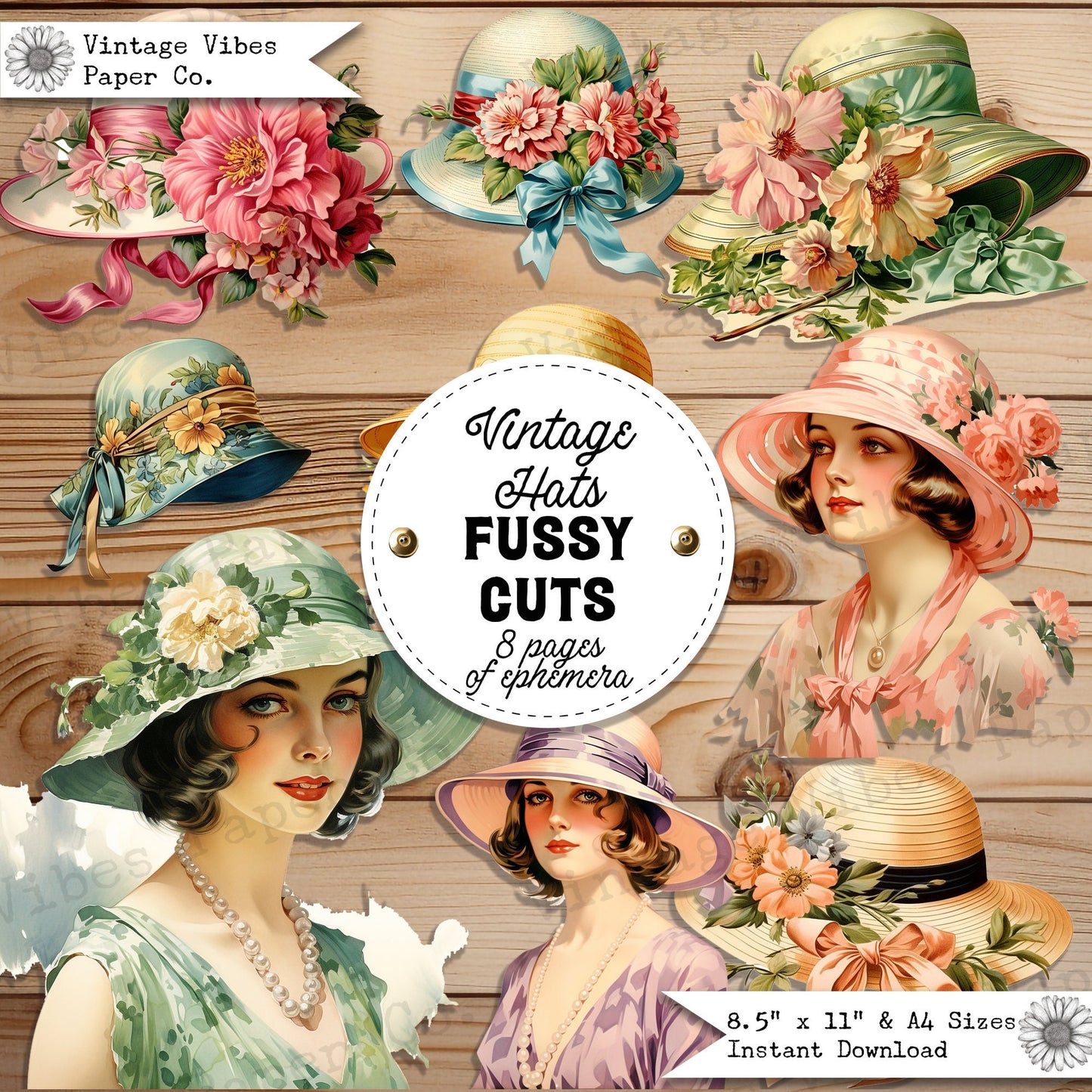 Junk Journal fussy cut ephemera vintage Hats, floral fashion hats 1920's style, collage ephemera cut outs vintage printable journal ephemera