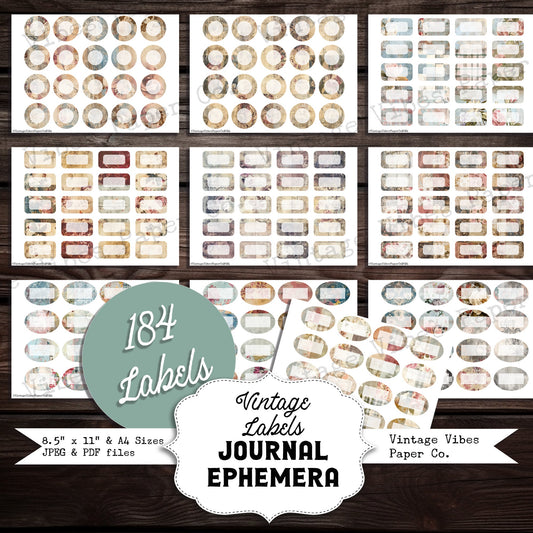 Junk journal labels blank, vintage style plain junk journal labels, 10 pages instant download printable labels, 184 journal ephemera labels