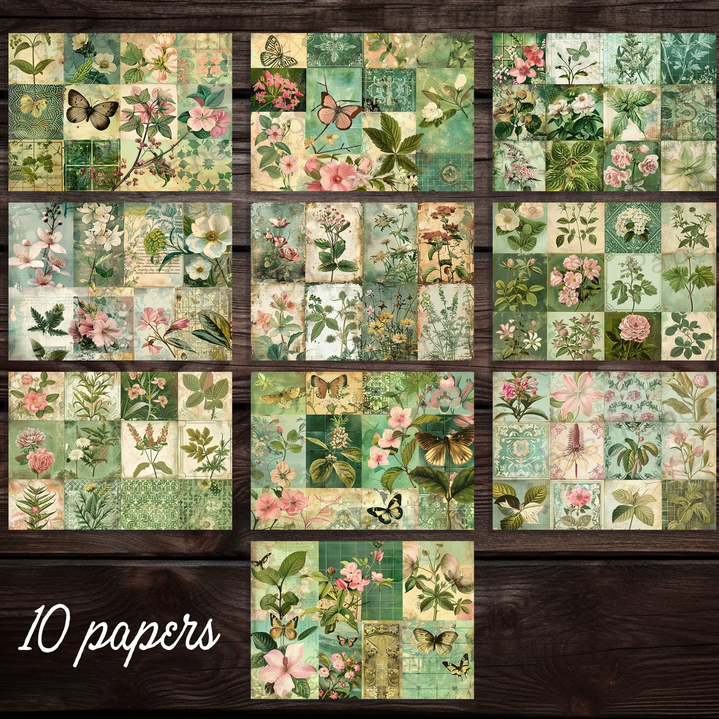 Green patchwork patterned Junk journal digital papers, Vintage style mixed media themed background papers for scrapbooking and collage