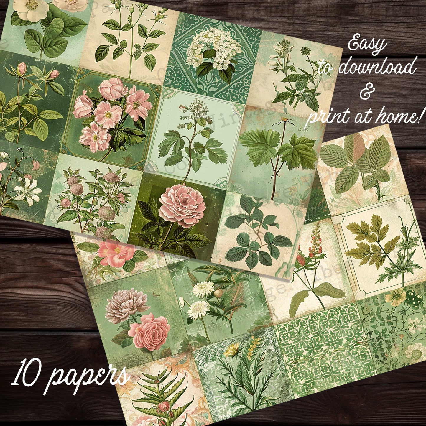 Green patchwork patterned Junk journal digital papers, Vintage style mixed media themed background papers for scrapbooking and collage