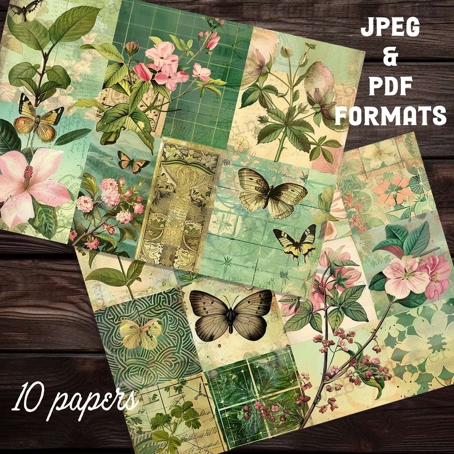 Green patchwork patterned Junk journal digital papers, Vintage style mixed media themed background papers for scrapbooking and collage