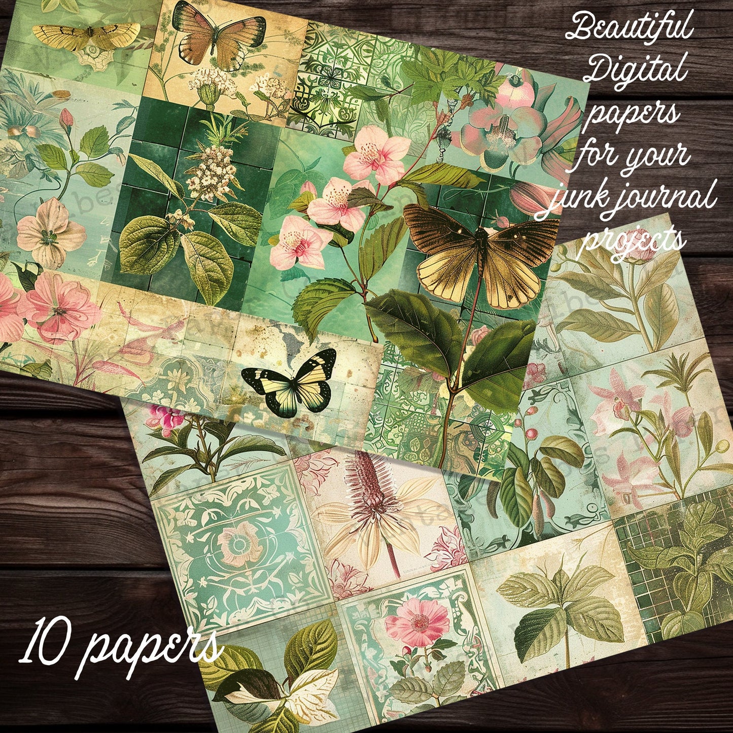 Green patchwork patterned Junk journal digital papers, Vintage style mixed media themed background papers for scrapbooking and collage