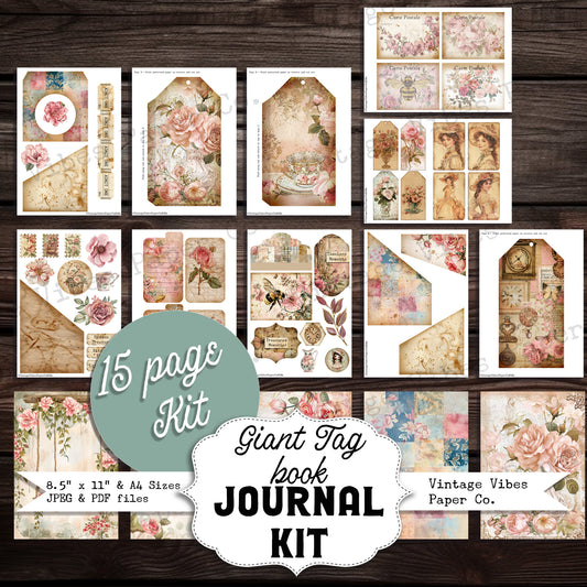 Junk journal kit Giant Tag book, Shabby Chic vintage floral theme digital junk journal kit, printable papers tags, & ephemera 15 page kit