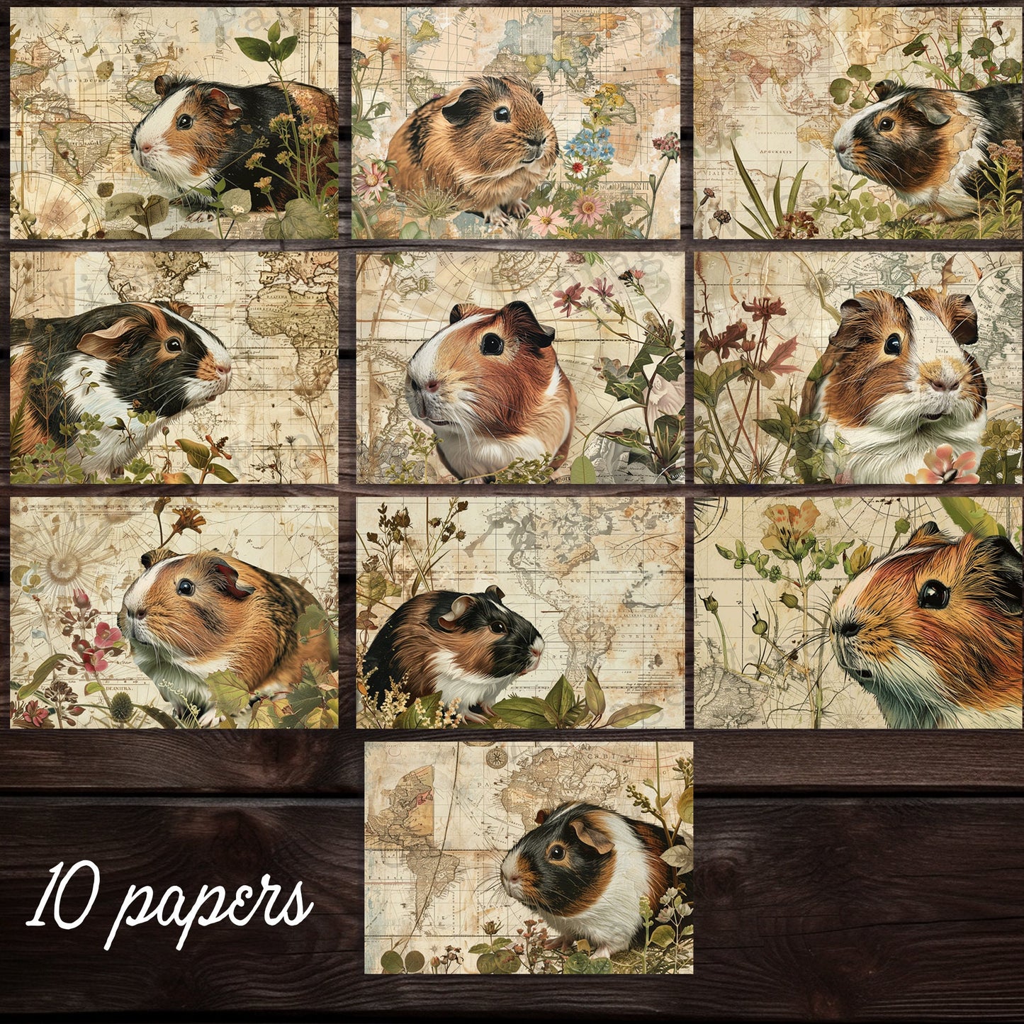 Junk journal Vintage Guinea Pigs printable scrapbook papers, digital junk journal kit, fall floral pet theme papers ideal for animal journal