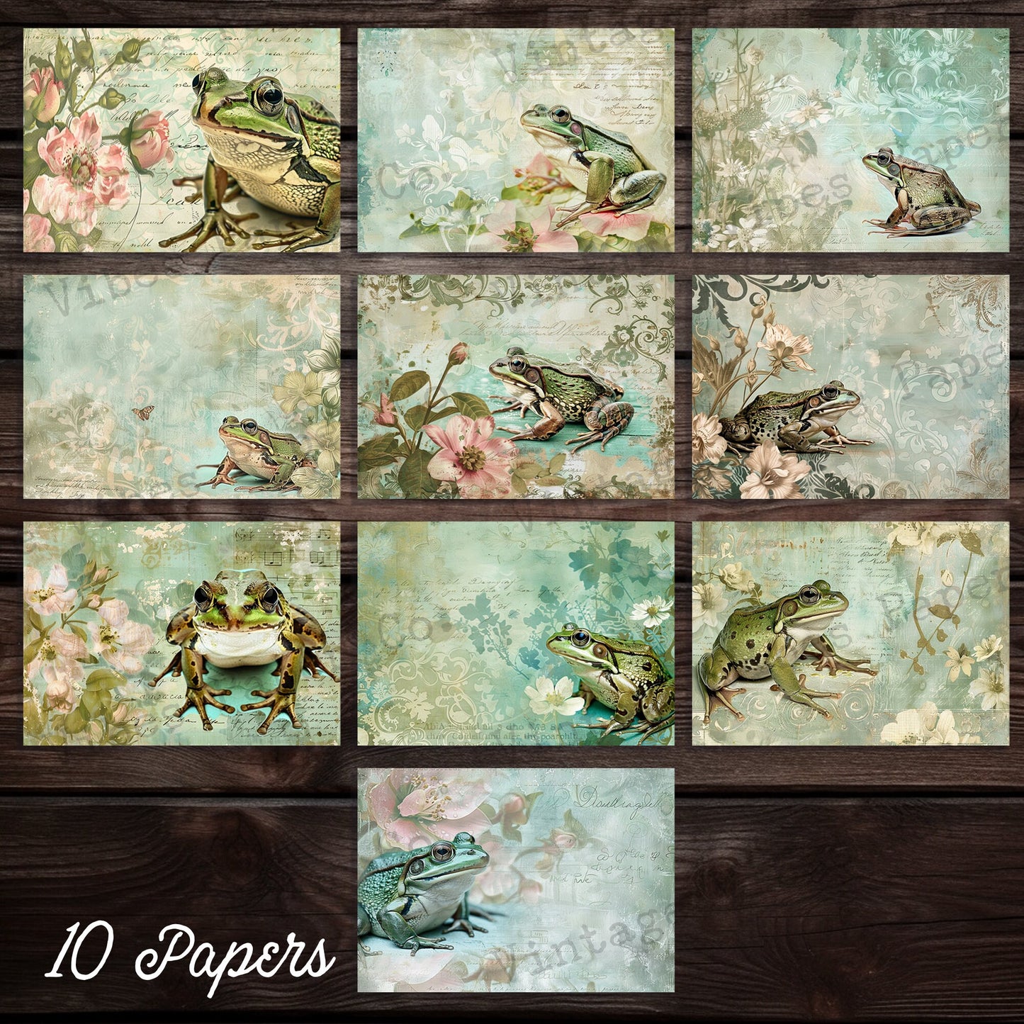 Junk journal Vintage Frogs printable scrapbook papers, digital junk journal kit, fall floral green vintage theme papers for animal journal