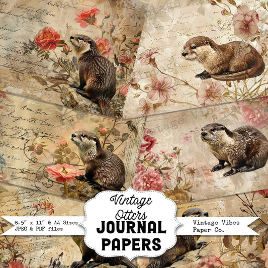 Junk journal Vintage Otter printable scrapbook papers, digital junk journal kit, soft floral neutral vintage theme papers for animal journal