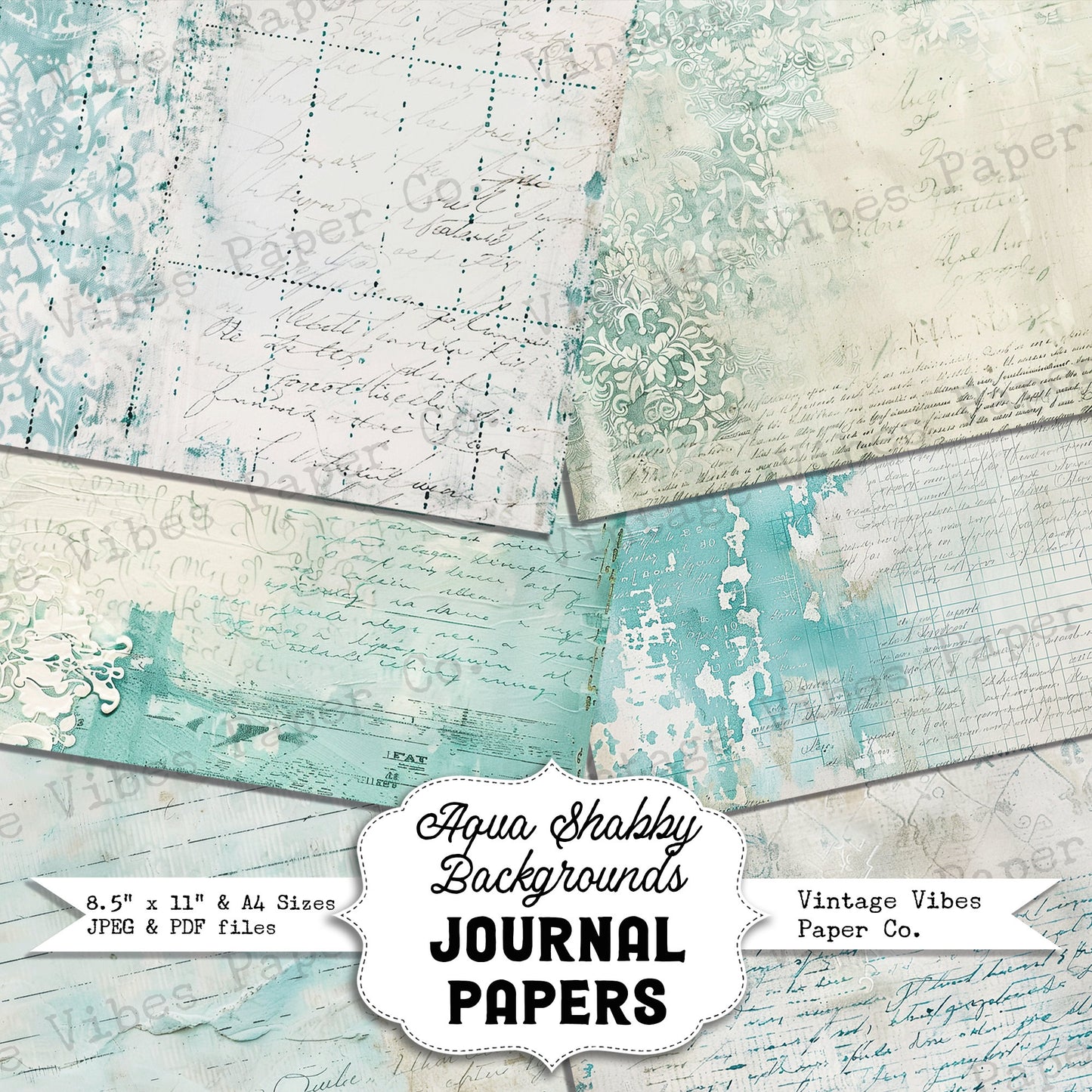 Aqua Shabby backgrounds Junk journal digital papers, grungy textured mixed media themed background papers for scrapbooking, collage & more