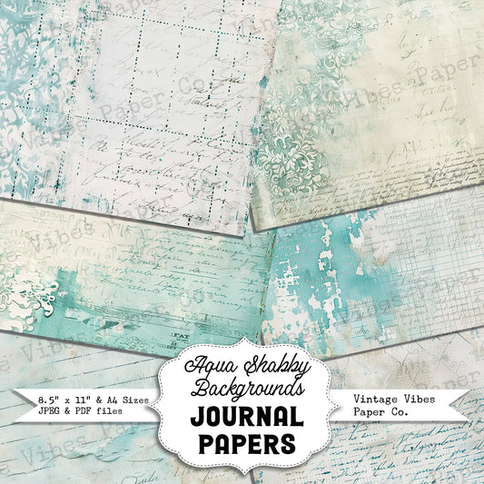 Aqua Shabby backgrounds Junk journal digital papers, grungy textured mixed media themed background papers for scrapbooking, collage & more