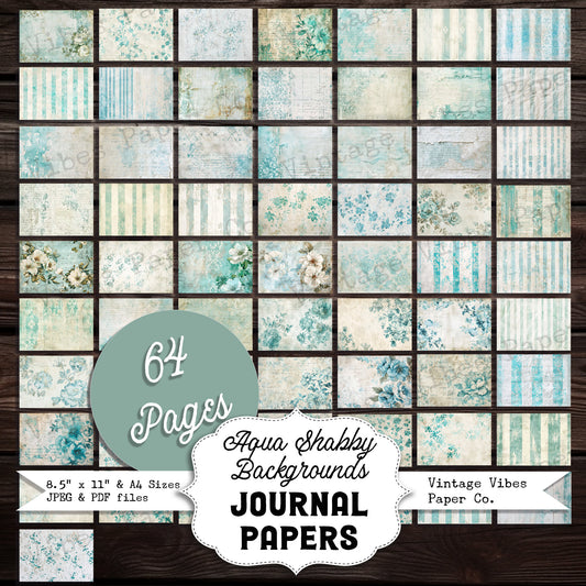 Aqua Shabby background Junk journal digital paper 64 pages