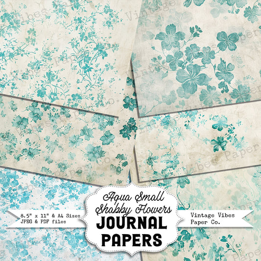 Aqua Vintage small flowers Junk journal digital papers, grungy ditsy floral mixed media themed background papers for scrapbooking, collage