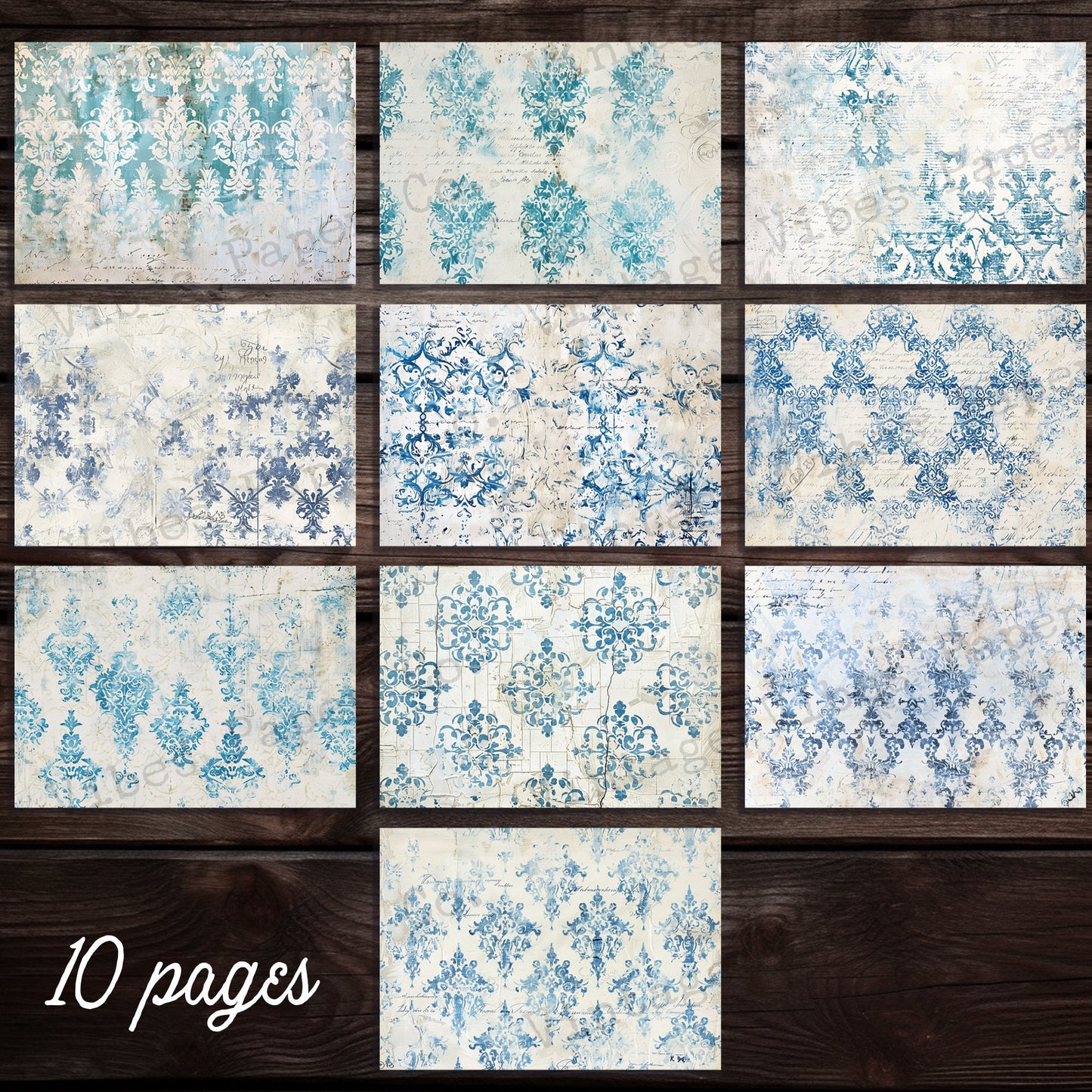 Aqua & Blue Baroque Shabby backgrounds Junk journal digital papers, grungy textured mixed media themed background papers for scrapbooking