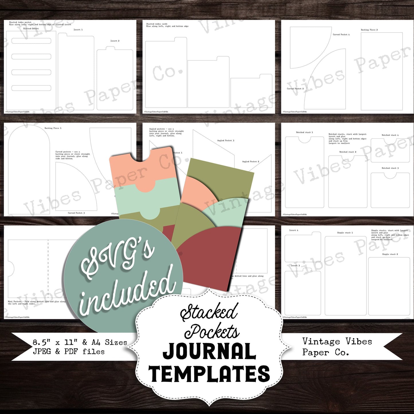 Junk journal printable Journal stacked pockets templates