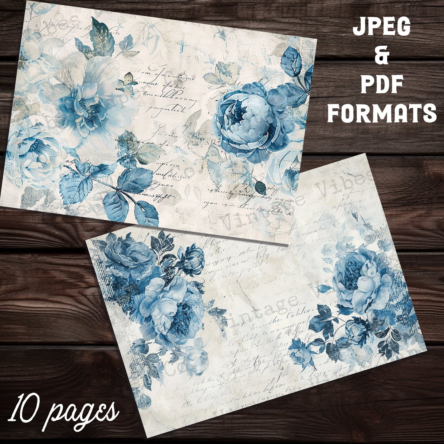 Blue Vintage Shabby floral backgrounds Junk journal digital papers, grungy textured mixed media themed background papers for scrapbooking