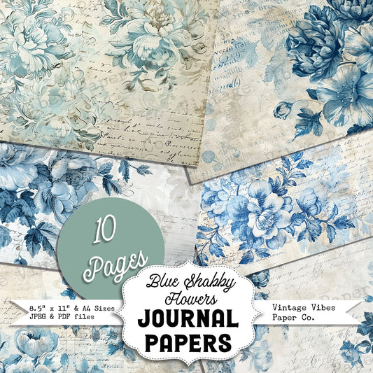 Blue Vintage Shabby floral backgrounds Junk journal digital papers, grungy textured mixed media themed background papers for scrapbooking