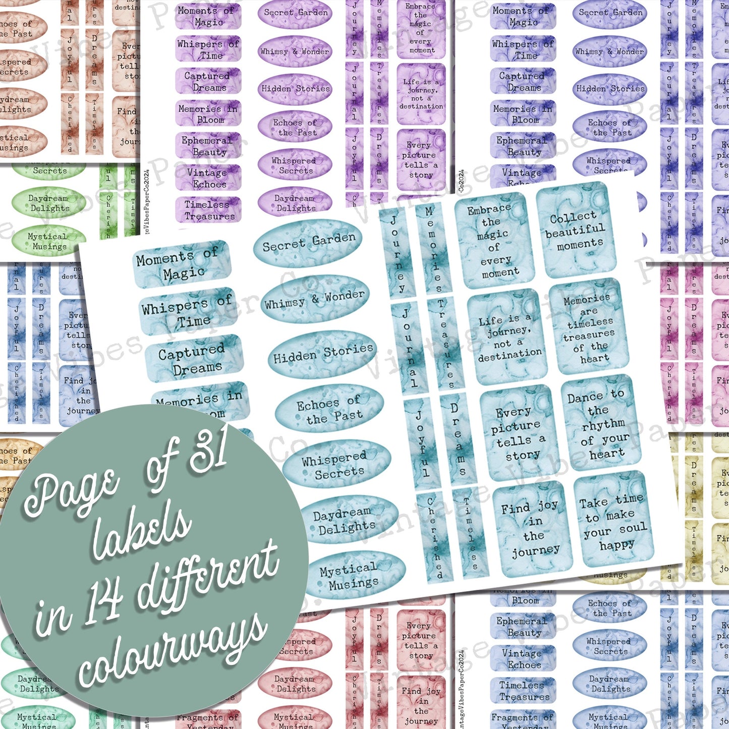 Quote Junk journal mini labels, grunge coloured labels, junk journal textured mixed media labels for journaling, printable junk journal kit