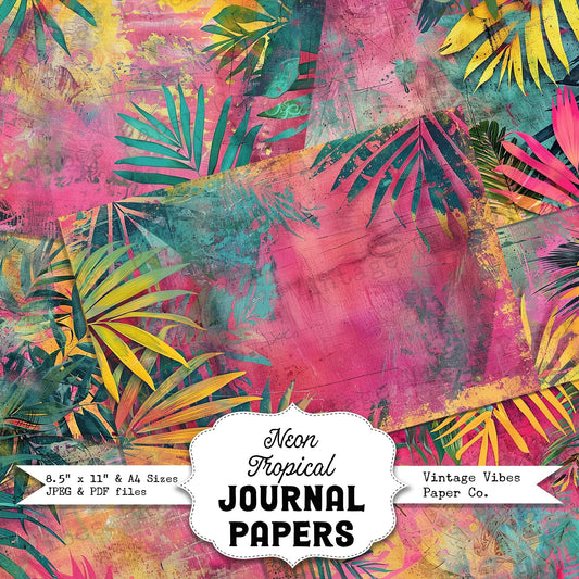 Neon tropical bright colourful summer junk journal printable papers, instant download for junk journal projects, vintage textured pink paper