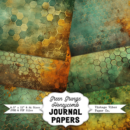 Green & gold grunge honeycomb Junk journal digital papers, hexagon textured themed background papers for scrapbooking, collage mixed media